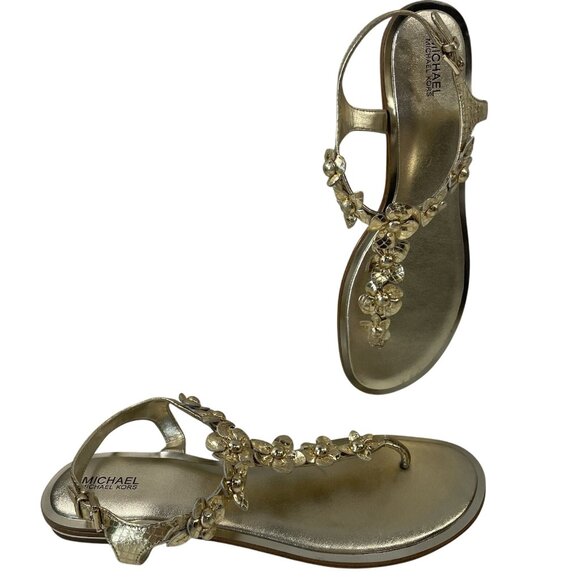 Michael Kors Thong Sandals Womens 9.5 Tricia Gold Patent Leather Flats Shoes - Picture 1 of 14